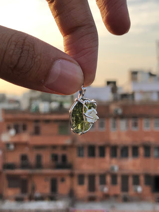 Genuine Moldavite Rough Herkimer Diamond Pendant Natural Gemstone From Czech Republic 925 Sterling Silver Handmade Designer Jewelry