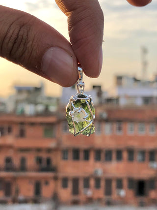 Genuine Moldavite Rough Herkimer Diamond Pendant Natural Gemstone From Czech Republic 925 Sterling Silver Handmade Designer Jewelry