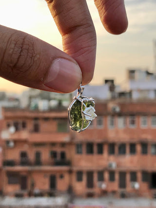 Genuine Moldavite Rough Herkimer Diamond Pendant Natural Gemstone From Czech Republic 925 Sterling Silver Handmade Designer Jewelry