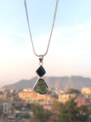 Moldavite Pendant, Black Tourmaline Pendant, Gemstone Pendant, Sterling Silver Pendant, Handmade Pendant, Natural Moldavite