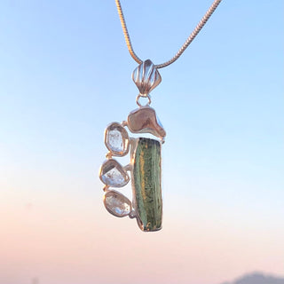Moldavite Pendant, Czech Moldavite, Herkimer Diamond, Opal Pendant, Sterling Silver Pendant, Handmade Pendant, Natural Moldavite