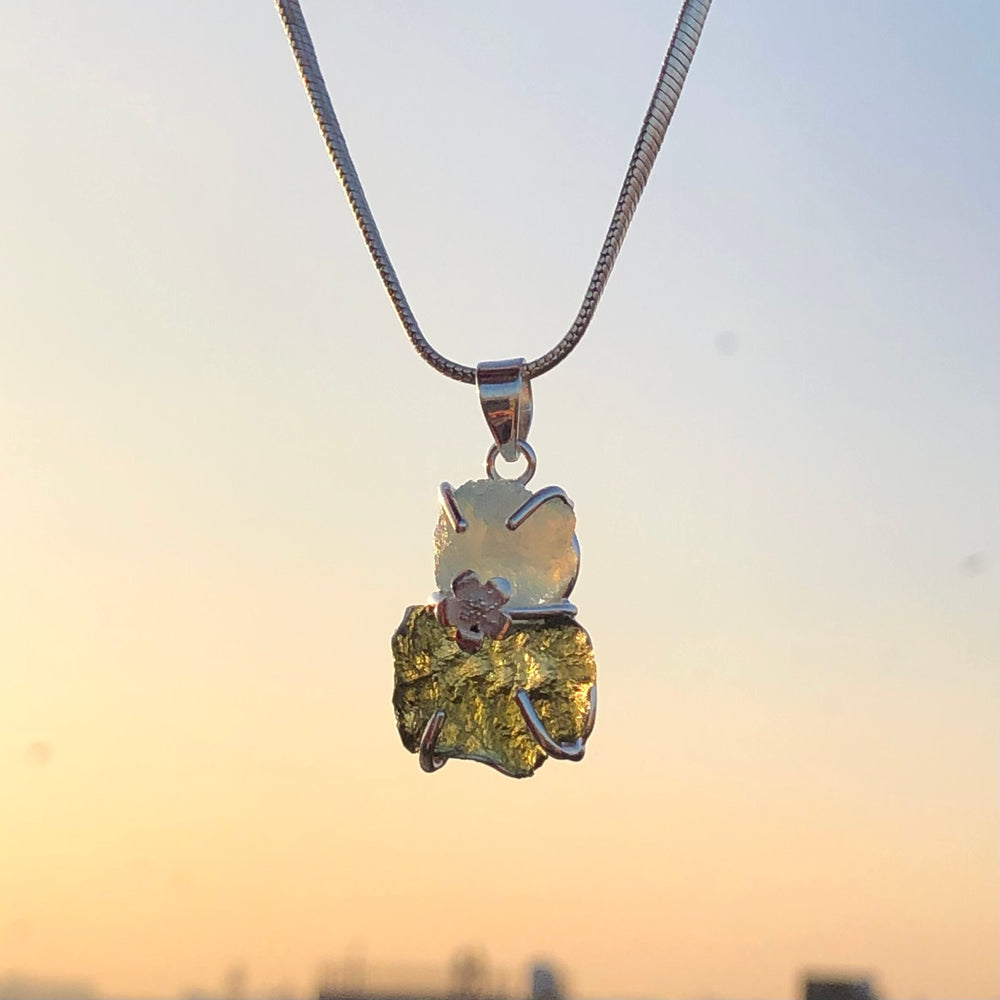 Moldavite Aquamarine pendant, genuine gemstone pendant, sterling silver handmade pendant, 100% genuine with certified gemstone