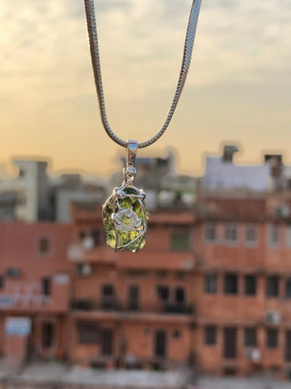 Genuine Moldavite Rough Herkimer Diamond Pendant Natural Gemstone From Czech Republic 925 Sterling Silver Handmade Designer Jewelry