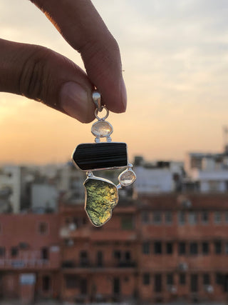 Moldavite Pendant, Black Tourmaline, Moldavite, Herkimer Diamond Pendant, Sterling Silver Pendant, Handmade Pendant, Natural Moldavite