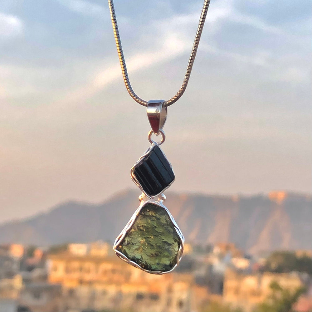 Moldavite Pendant, Black Tourmaline Pendant, Gemstone Pendant, Sterling Silver Pendant, Handmade Pendant, Natural Moldavite