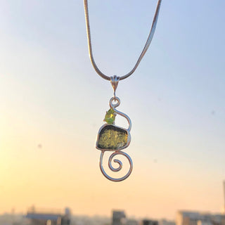 Moldavite Peridot pendant, genuine gemstone pendant, sterling silver handmade pendant, 100% genuine with certified gemstone