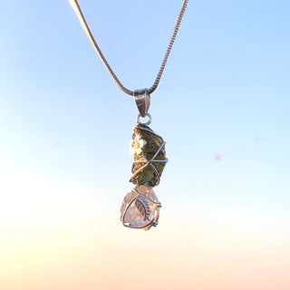 Genuine Moldavite Rough Herkimer Diamond Pendant Natural Gemstone From Czech Republic 925 Sterling Silver Handmade Designer Jewelry