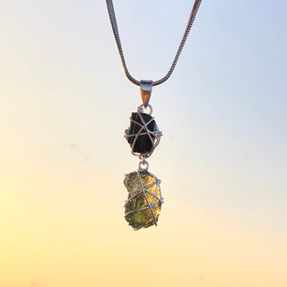 Moldavite Pendant, Black Tourmaline Pendant, Gemstone Pendant, Sterling Silver Pendant, Handmade Pendant, Natural Moldavite