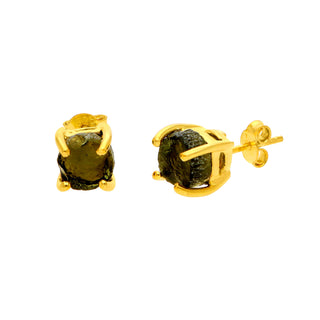 Crezh Moldavite Natural Gemstone Gold Filled in 925 Sterling Silver Handmade Stud Earring