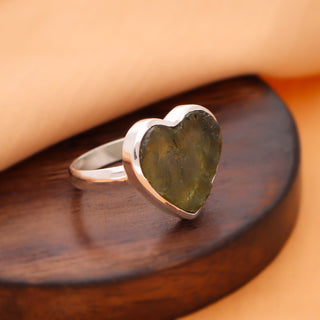 Authentic Czech Republic Moldavite Rough Heart Shaped Gemstone 925 Solid Sterling Silver Handmade Ring Jewelry