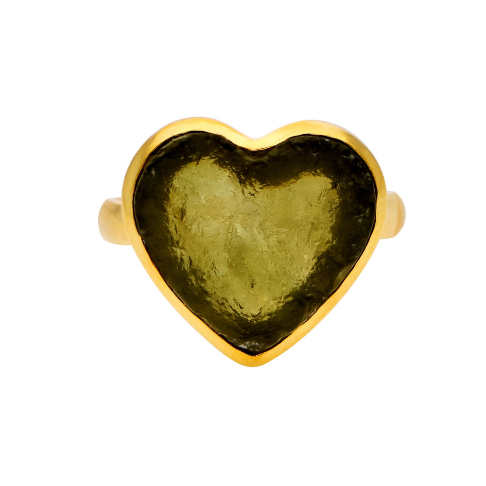 Authentic Czech Republic Moldavite Rough Heart Shaped Gemstone 14K Gold Filled in 925 Sterling Silver Handmade Ring Jewelry