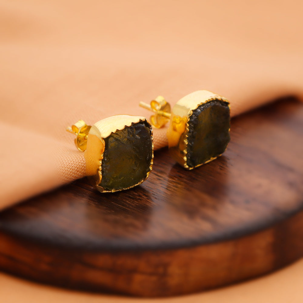 Crezh Moldavite Natural Gemstone Gold Filled in 925 Sterling Silver Handmade Stud Earring