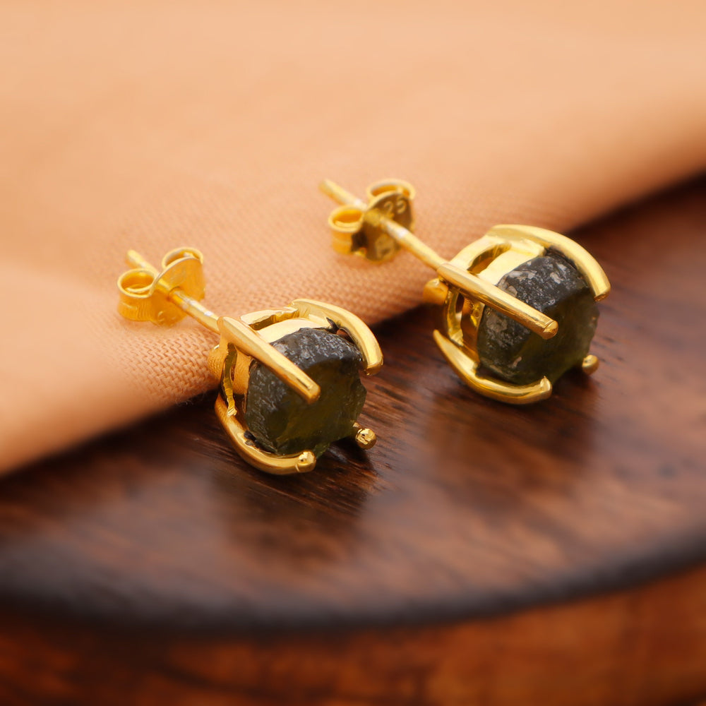 Crezh Moldavite Natural Gemstone Gold Filled in 925 Sterling Silver Handmade Stud Earring