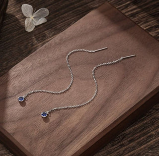 4mm Sapphire Blue CZ Threader Earrings By Harshita Jewellery