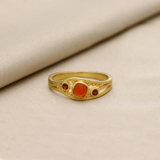 THREE STONE RED GARNET GEMSTONE RING, 925 SILVER RING PLATED WITH 2 MICRON 18KT GOLD