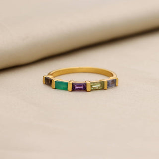 NATURAL MULTI STONE RING, BAGUETTE SHAPE GEMSTONE, 925 SILVER 18KT GOLD PLATED