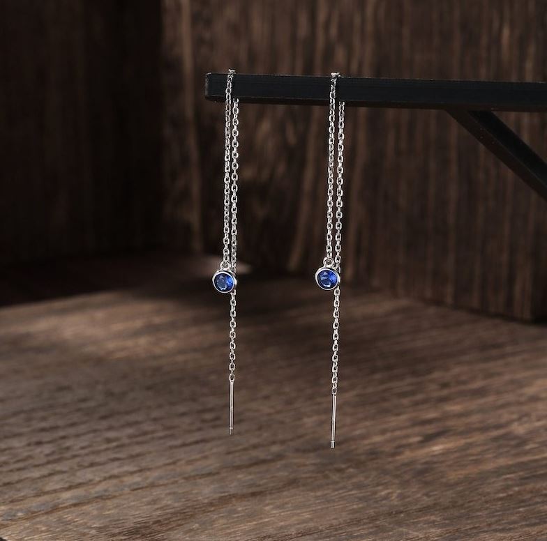 4mm Sapphire Blue CZ Threader Earrings By Harshita Jewellery